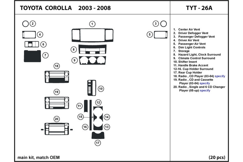 Toyota Corolla 2003 2008 Dash Kits