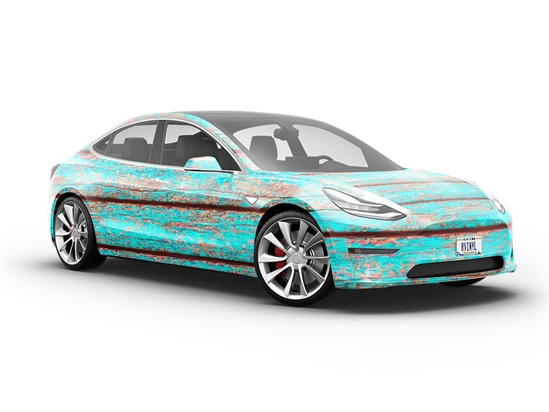 Distressed Aqua Wood Plank Vehicle Vinyl Wrap