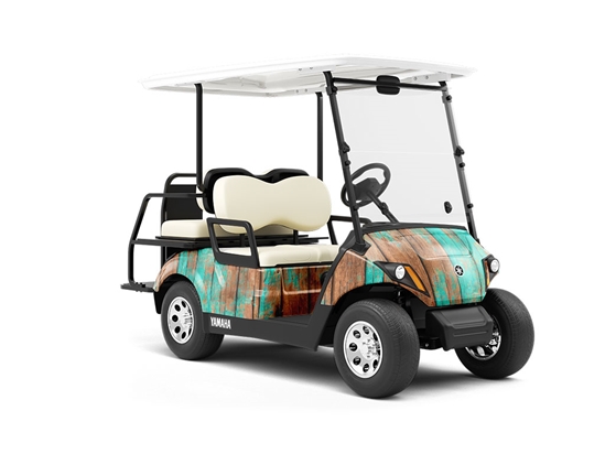 Distressed Aquamarine Wood Plank Wrapped Golf Cart